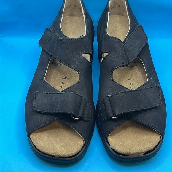 Fits By Theresia M Nubuck Leather Wedge Sandals Genua Two Strap 5  Women’s black - Picture 2 of 9